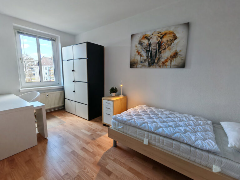 Blick in das erste WG-Zimmer mit Bett, Schreibtisch, Nachttisch, Kleiderschrank und einem Elefantenbild in Chemnitz.